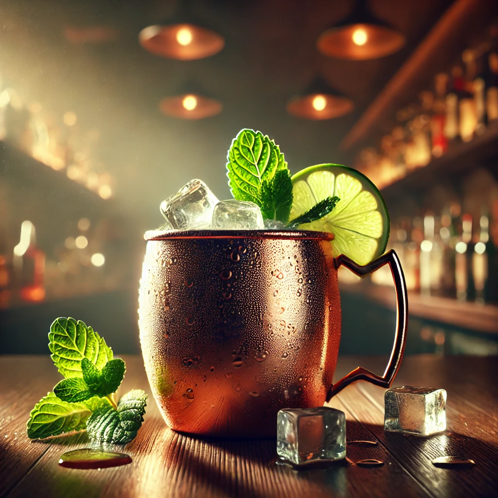 Moscow Mule w miedzianym kubku ozdobionym plasterkiem limonki