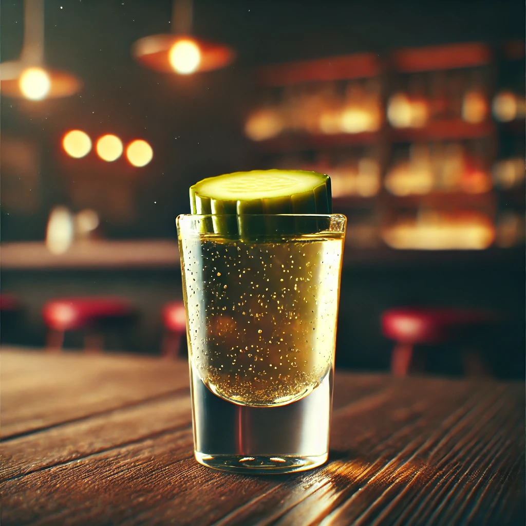 Pickleback w dwóch kieliszkach, whisky i sok z ogórków