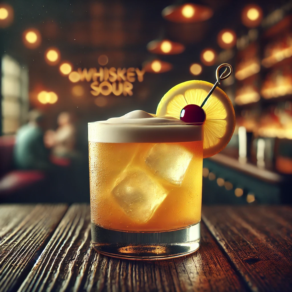 Whiskey Sour w szklance ozdobionej plasterkiem cytryny