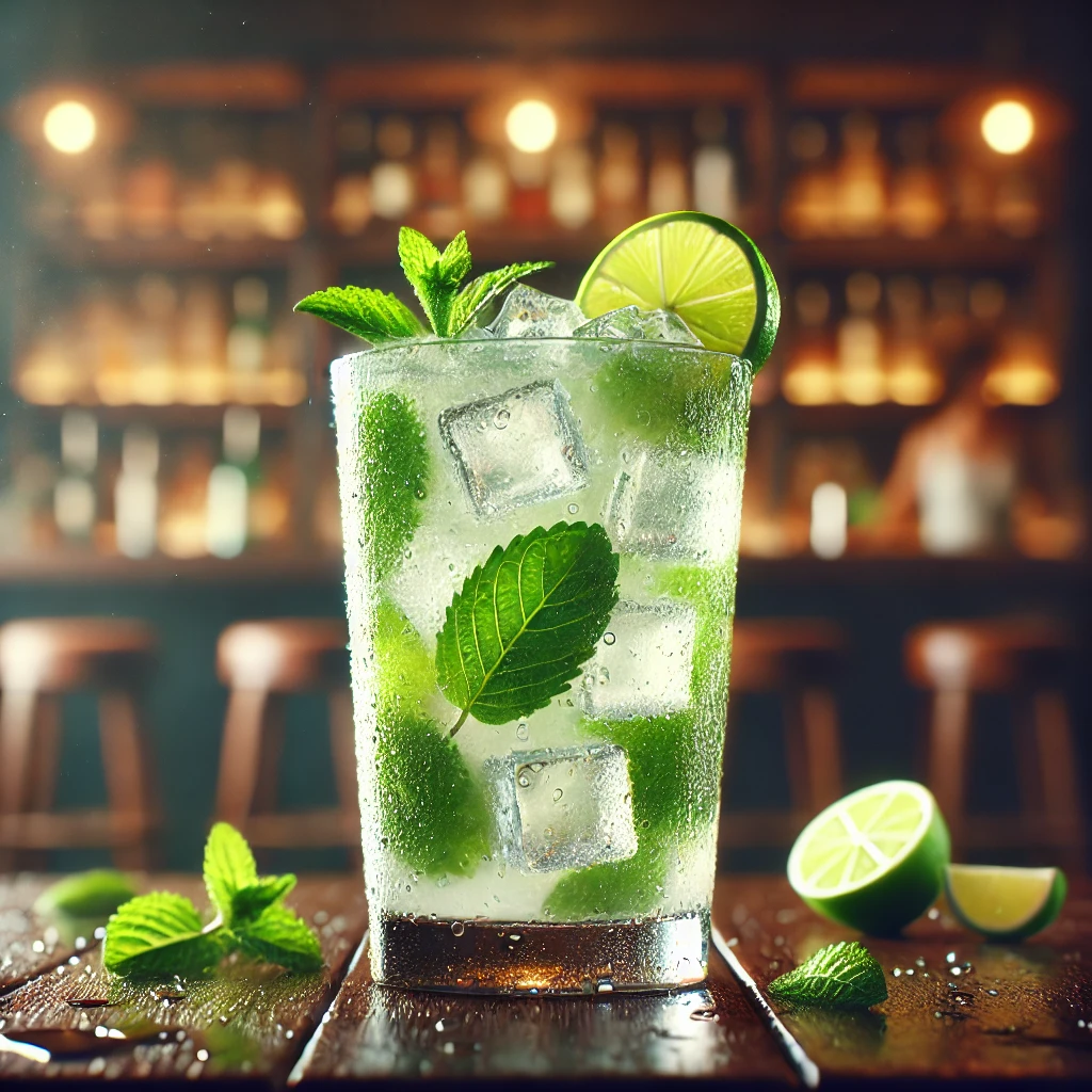 Mojito w szklance ozdobionej gałązką mięty