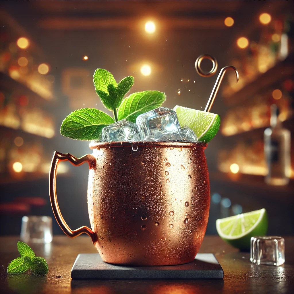 Gin Gin Mule w szklance z lodem, ozdobiony miętą